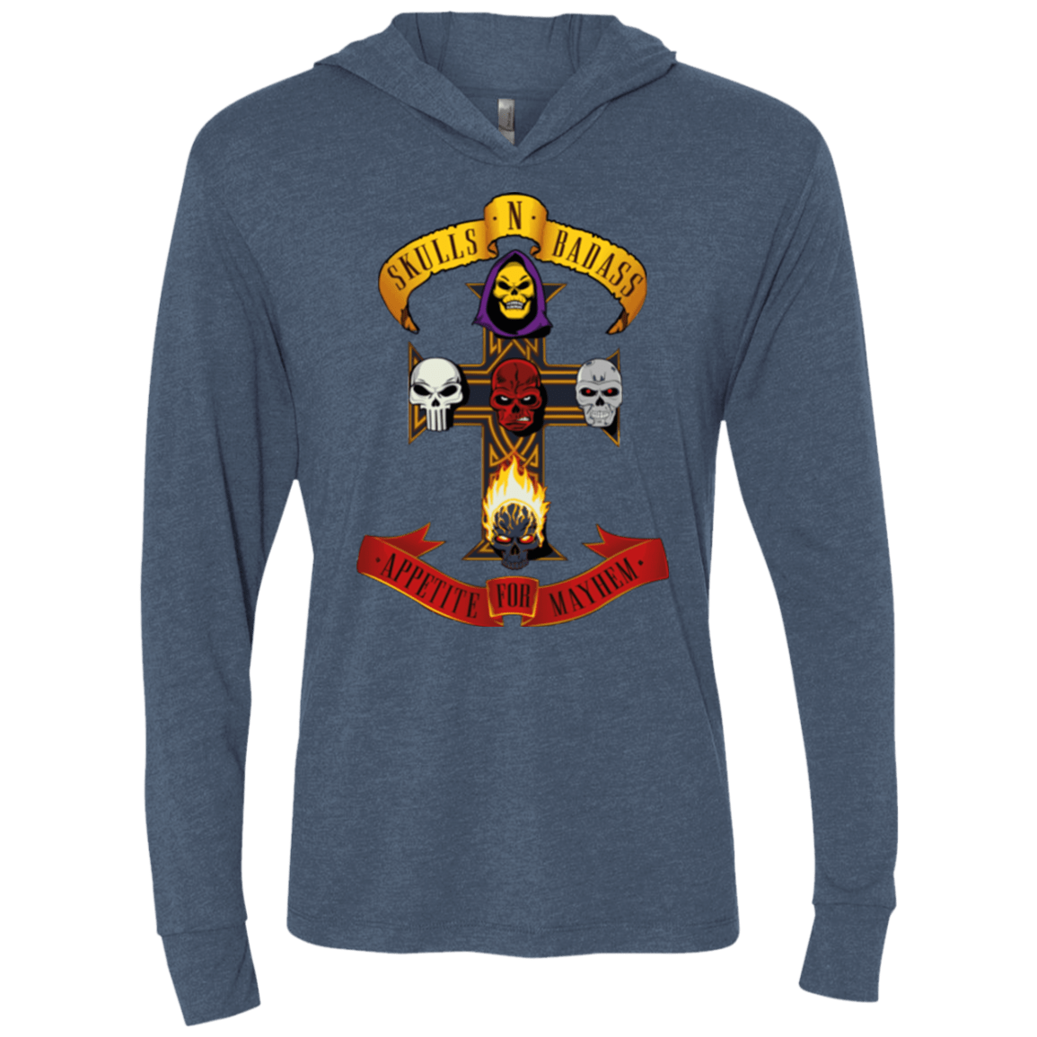 T-Shirts Indigo / X-Small Skull And Badass Triblend Long Sleeve Hoodie Tee
