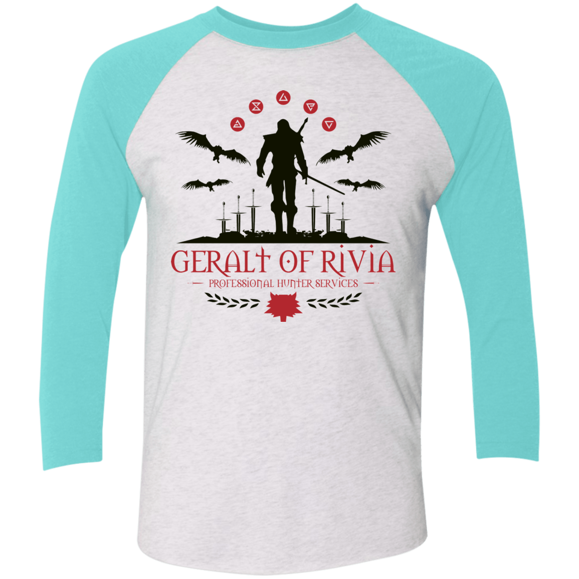 T-Shirts Heather White/Tahiti Blue / X-Small The Witcher 3 Wild Hunt Men's Triblend 3/4 Sleeve