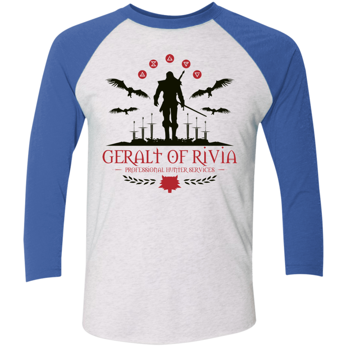 T-Shirts Heather White/Vintage Royal / X-Small The Witcher 3 Wild Hunt Men's Triblend 3/4 Sleeve