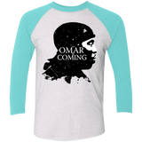 T-Shirts Heather White/Tahiti Blue / X-Small Yo Omar Is Coming Men's Triblend 3/4 Sleeve